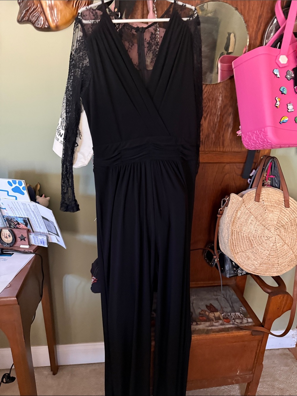 Scarlett Black Lace-Sleeve Surplice Jumpsuit